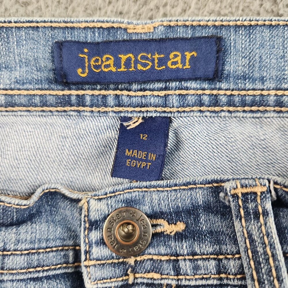 Womens Y2K High Rise Bootcut Jeans Size 12 Blue Embellished Pockets Light Stretc - Picture 3 of 11